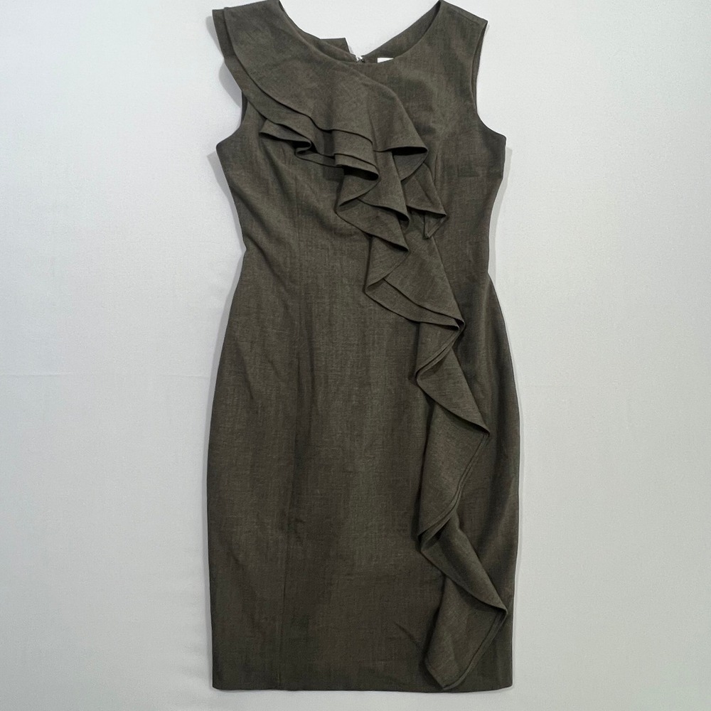 Calvin Klein Dress 4 Gray Sleeveless Asymmetrical Cascade Ruffle Sheath Cocktail